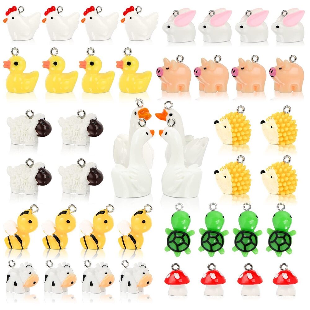 8979 44 Pcs Resin Animal Charm Pendants Cute Goose Mushroom Duck Cow Bee